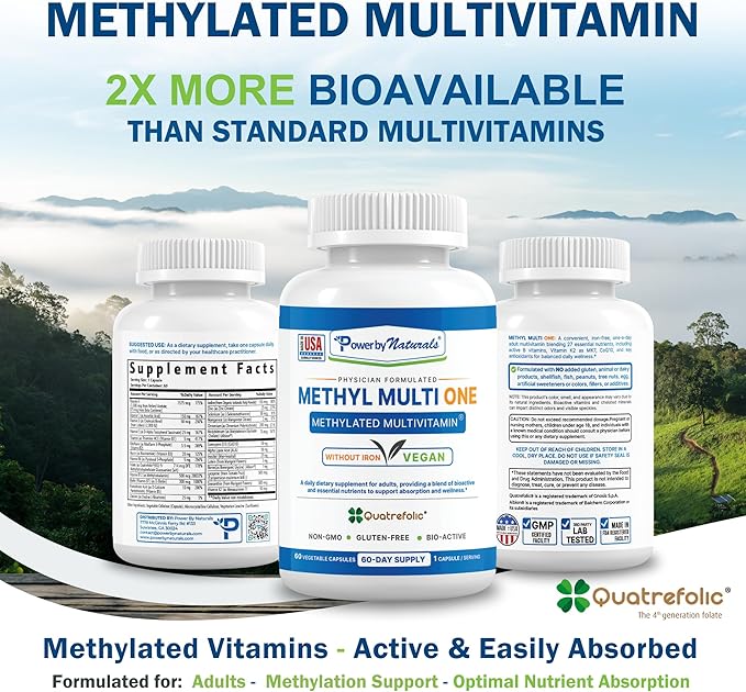 Power By Naturals Methyl Multi One - Vegan Methylated Multivitamin for Men & Women with Methylfolate & Methyl B12 for MTHFR Maintenance, 60 Capsules, 2 Month Supply, USA-Made, Gluten-Free