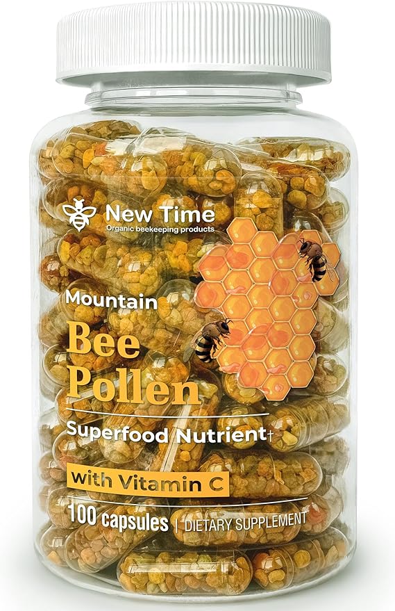 Bee Pollen Vegetarian Capsules with Vitamin C, Natural Organic Supplement, Fermented Pollen Granules, Multivitamin, Immune, Energy Support (100 caps)