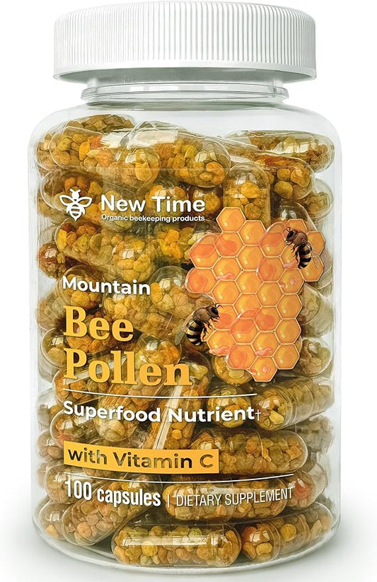 Bee Pollen Vegetarian Capsules with Vitamin C, Natural Organic Supplement, Fermented Pollen Granules, Multivitamin, Immune, Energy Support (100 caps)