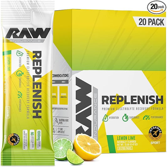 RAW Replenish Box, Premium Electrolytes Powder Recovery Formula, Lemon Lime (20 Sticks) - Flavored Electrolyte Drink Mix Supplement for Hydration, Replenishment, Endurance & Performance