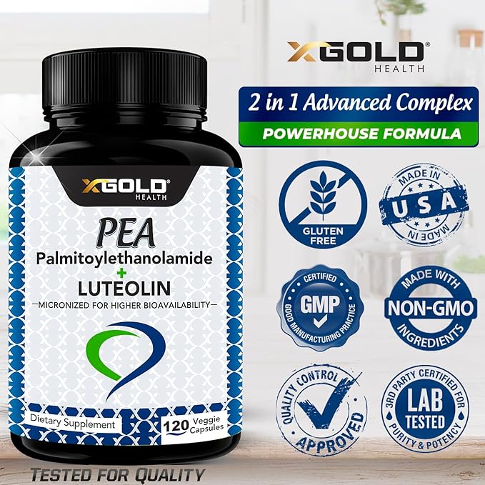 Palmitoylethanolamide 630 mg + Luteolin Standardized 98%- Micronized Pea 99% Highly Purified and Bioavailable - Made in USA - Supplement for Men and Women - 120 Veggie Capsules