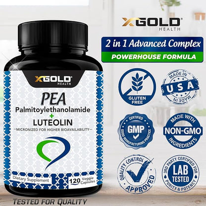 Palmitoylethanolamide 630 mg + Luteolin Standardized 98%- Micronized Pea 99% Highly Purified and Bioavailable - Made in USA - Supplement for Men and Women - 120 Veggie Capsules