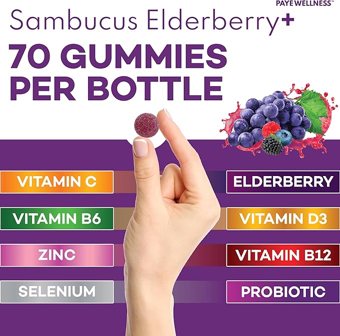 Elderberry Gummies Immune Support, Daily Support for Kids and Adults*, with Sambucus Elderberry, Zinc, Vitamin C, D3, B6, B12, Plus - Dietary Supplement - 210 Count