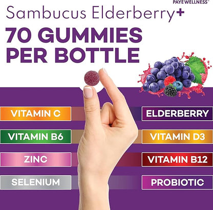 Elderberry Gummies Immune Support, Daily Support for Kids and Adults*, with Sambucus Elderberry, Zinc, Vitamin C, D3, B6, B12, Plus - Dietary Supplement - 210 Count