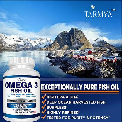 Omega 3 Fish Oil | 1200mg EPA + 900mg DHA | Brain and Heart Supplement for Men and Women | Best Essential Fatty Acids | Premium Burpless Softgel Supplements |