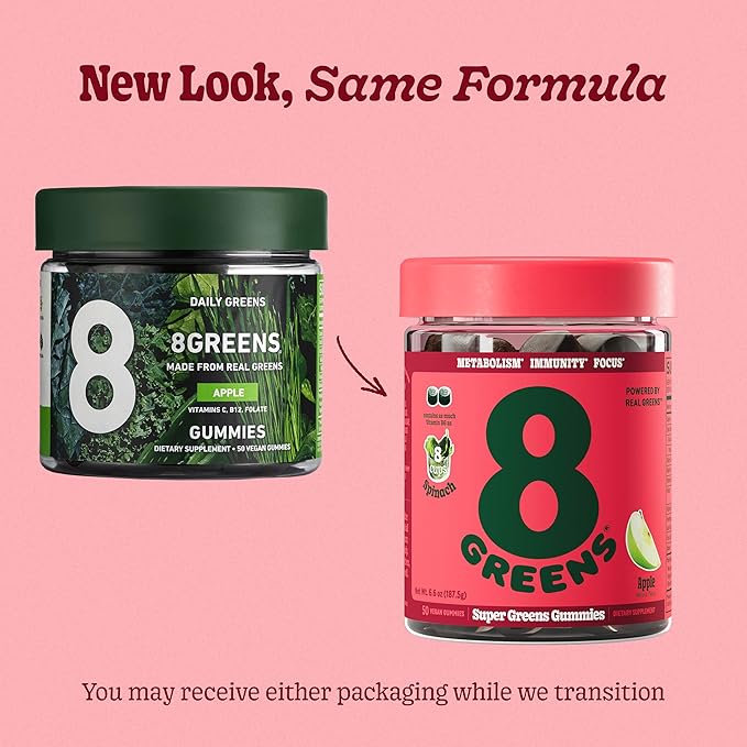8Greens Supergreens Gummies | Super Greens Powder Superfood Gummy for Metabolism, Immunity & Focus, Digestive Health Enzymes, Organic: Chlorella, Spirulina, Aloe Vera, Apple Flavor, 50 Count