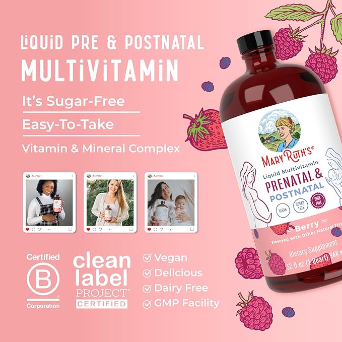 MaryRuth Organics Postnatal & Prenatal Vitamins for Women | Sugar Free | Womens Multivitamin for Pre-Conception, Pregnancy & Nursing | Ginger | Selenium | Folate | Vegan | Non-GMO | Gluten Free | 32oz