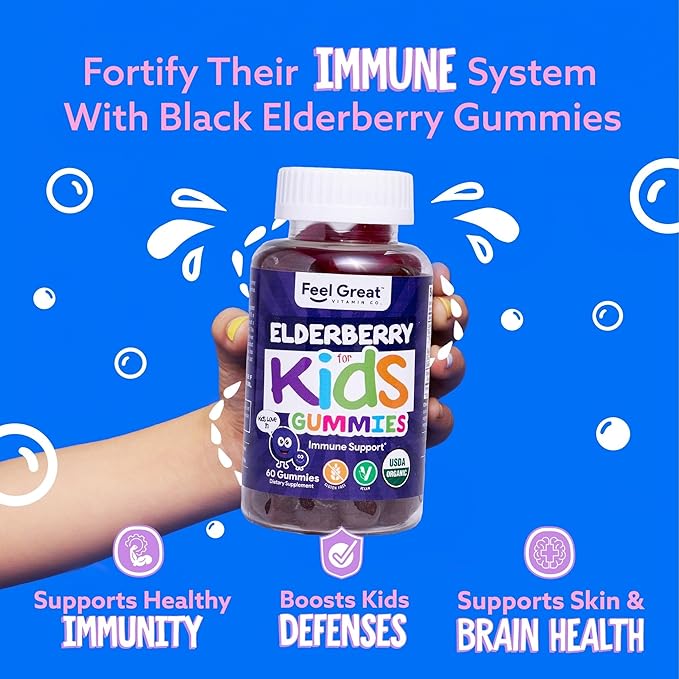 USDA Organic Elderberry Gummies for Kids | Kids Immune Support - Kids Elderberry Gummies with Zinc and Vitamin C - Gluten Free & Vegan Children's Vitamins - 60 Gummies | Sambucus Nigra Supplement