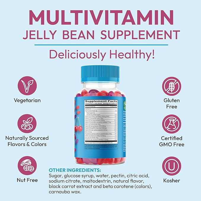 Multivitamin Jelly Bean Gummies with Zinc for Men and Women, Immune Support Dietary Supplements for Adults, Vegetarian, 120 Berry Blast Jelly Beans, Kosher