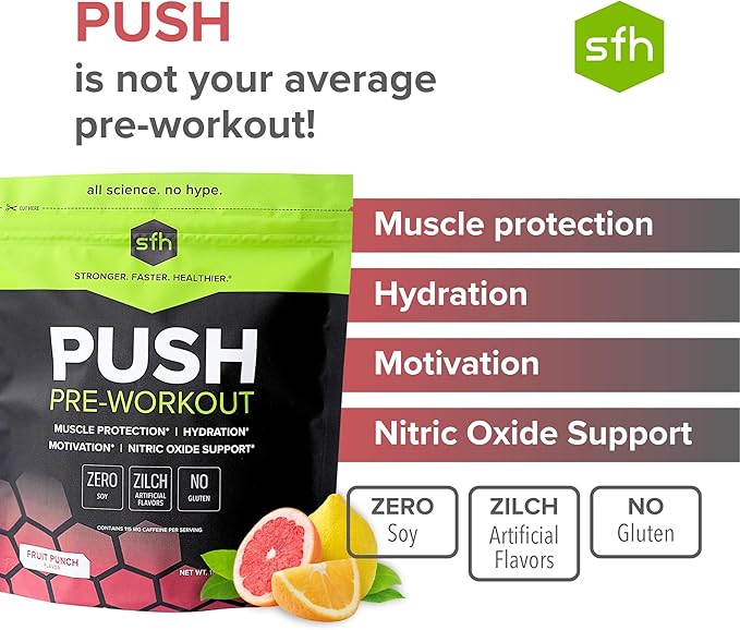 SFH Push Pre-Workout Powder (Fruit Punch) BCAAs for Muscle Repair | Electrolytes | Non-Dairy, No Artificial Flavors, Colors, Sugar, Soy, Gluten, or GMOs (Bag)