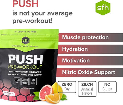 SFH Push Pre-Workout Powder (Fruit Punch) BCAAs for Muscle Repair | Electrolytes | Non-Dairy, No Artificial Flavors, Colors, Sugar, Soy, Gluten, or GMOs (Bag)