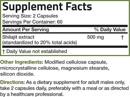 Bronson Shilajit Extract 500 MG Per Serving, Supports Energy Production & Vitality, Standardized to 20% Total Acids, Non-GMO, 120 Vegetarian Capsules