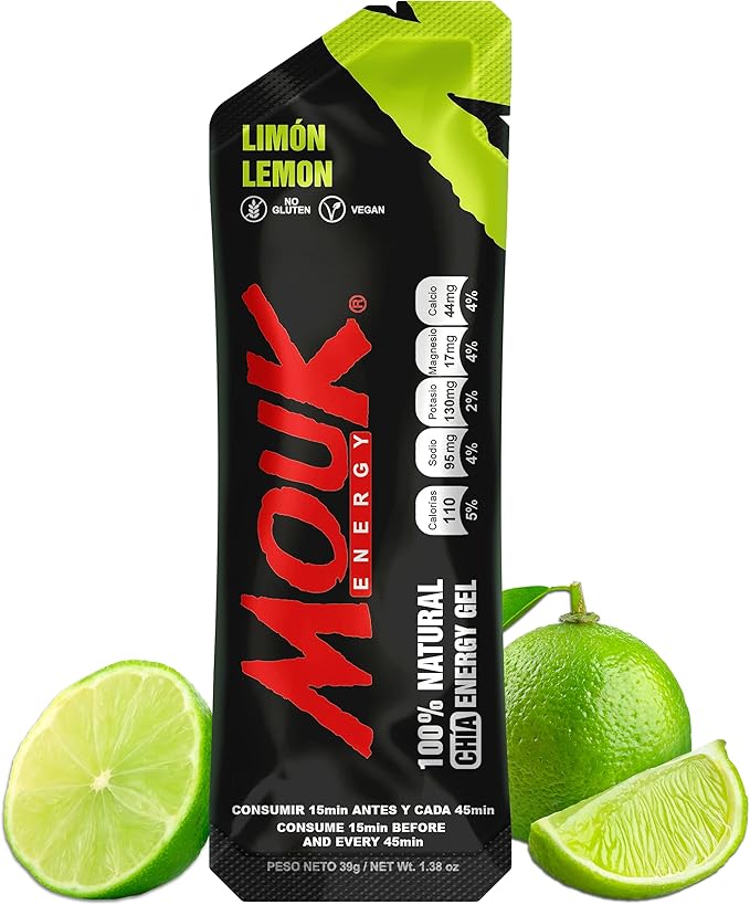 MOUK Energy Workout & Sports Nutrition Energy Gel - Lemon Flavor All Natural with Whole Chia Seeds | Easy Digestion, Vegan, Gluten Free, Essential Electrolyte | 1.38 Ounce (Pack of 10)