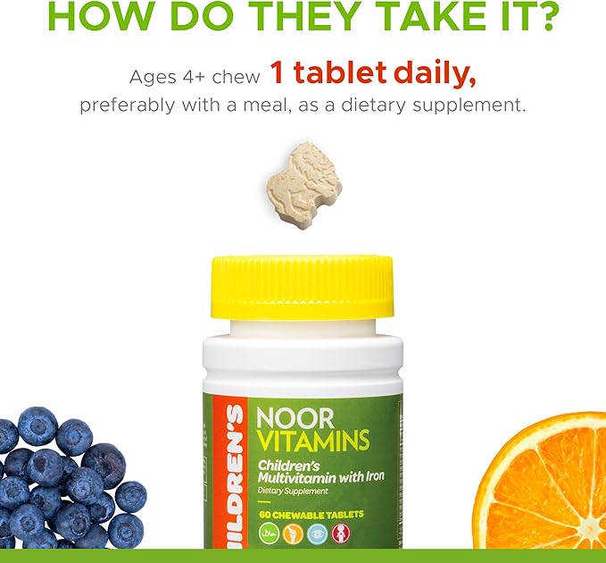 Noor Vitamins Halal Kids Multivitamin Chewable: Essential Vitamins for Immune, Bone & Eye Health with Iron - Non GMO & Gluten Free - Halal Vitamins 60 Count (2 Month Supply)