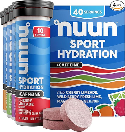 Nuun Sport + Caffeine Electrolyte Tablets - Dissolvable in Water, Mixed Flavor Box, 5 Essential Electrolytes for Hydration, 1g Sugar Drink Mix, Vegan, Non-GMO, 4 Pack (40 Servings)