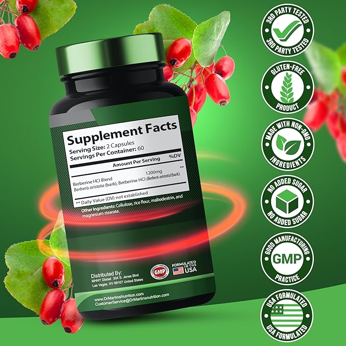 Potent 1200mg Berberine Supplement | 120 Capsules | Berberine HCL For Glucose Metabolism | Supports Healthy Weight Management, Healthy Immune System | Improves Cardiovascular & Gastrointestinal Health