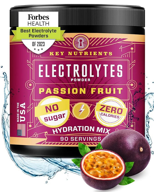 KEY NUTRIENTS Multivitamin Electrolytes Powder No Sugar - Delicious Passion Fruit Electrolyte Powder - Endurance & Energy Supplement - Hydration Powder - No Calories - 90 Servings - Made in USA