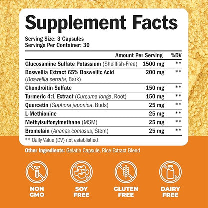 Glucosamine Chondroitin MSM and Turmeric Supplement - Joint Support Supplement for Women & Men with Boswellia & Glucosamine Sulfate 1500 mg. Used for Cartilage & Joint Health & Flexibility 90 Capsules