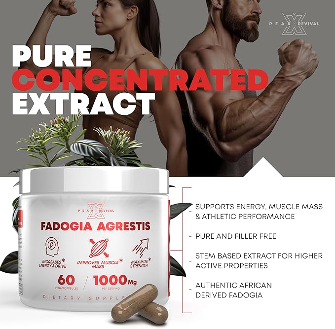 Fadogia Agrestis 1000mg Per Serving Supplement - Potent Extract to Increase Energy, Athletic Performance & Muscle Mass - Supplements, Made in The USA (60 Capsules)