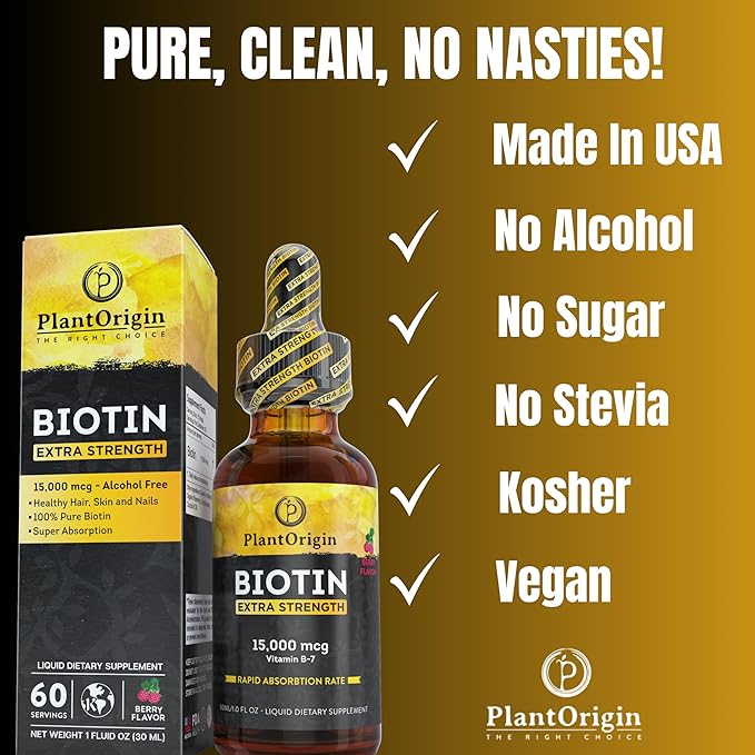Extra Strength15,000 MCG Biotin Liquid Drops - Promotes Hair Growth, Radiant Skin & Strong Nails, Vegan & Kosher, Berry Flavor - 5X Absorption, 60 Servings