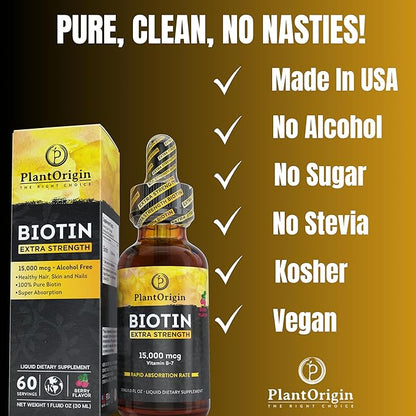 Extra Strength15,000 MCG Biotin Liquid Drops - Promotes Hair Growth, Radiant Skin & Strong Nails, Vegan & Kosher, Berry Flavor - 5X Absorption, 60 Servings