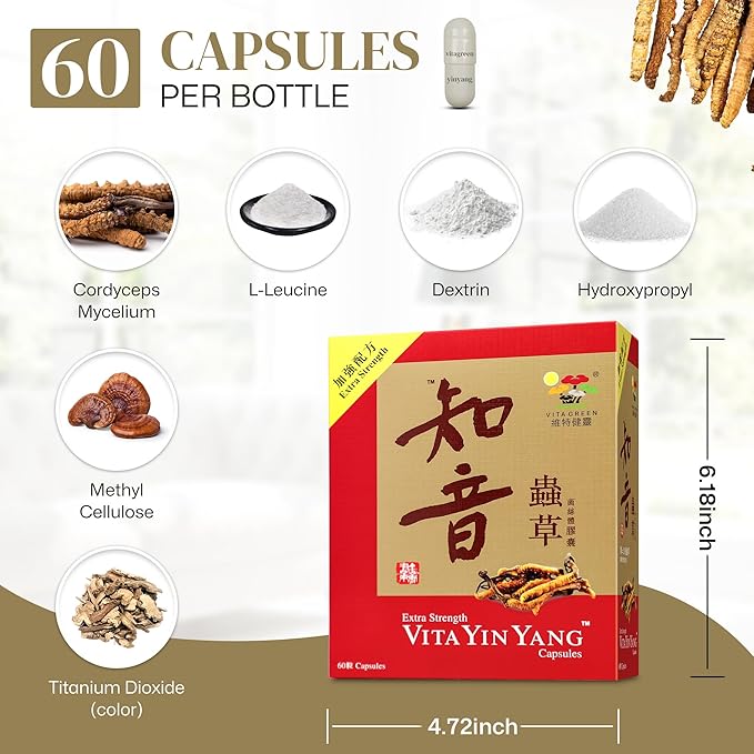 Vita Green Yin Yang Cordyceps Mycelium Herbal Supplement - Supports Respiratory Wellness, Energy, and Liver & Kidney Health - 60 Capsules