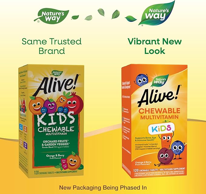 Nature's Way Alive! Children's Daily Chewable Multivitamin, Supports Bone, Eye, and Immune Health*, Orange & Berry Fruit Flavored, Gluten Free, 120 Chewable Tablets (Packaging May Vary)