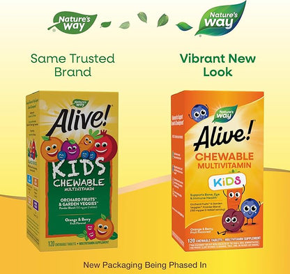 Nature's Way Alive! Children's Daily Chewable Multivitamin, Supports Bone, Eye, and Immune Health*, Orange & Berry Fruit Flavored, Gluten Free, 120 Chewable Tablets (Packaging May Vary)