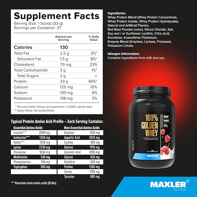 Maxler 100% Golden Whey Protein - 23g of Premium Whey Protein Powder per Serving - Pre, Post & Intra Workout - Fast-Absorbing Whey Hydrolysate, Isolate & Concentrate Blend - Strawberry Cream 2 lbs