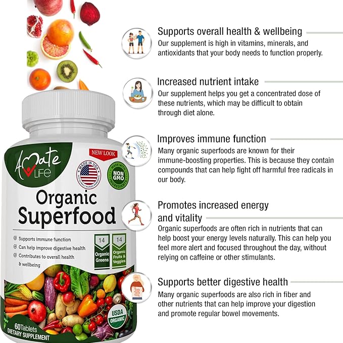 Organic Superfood Greens Fruits and Veggies Complex - Best Dietary Supplement with 14 Greens and 14 Fruits & Vegetables with Alfalfa Rich in Antioxidants Organic Ingredients Non-GMO 60 Tablets
