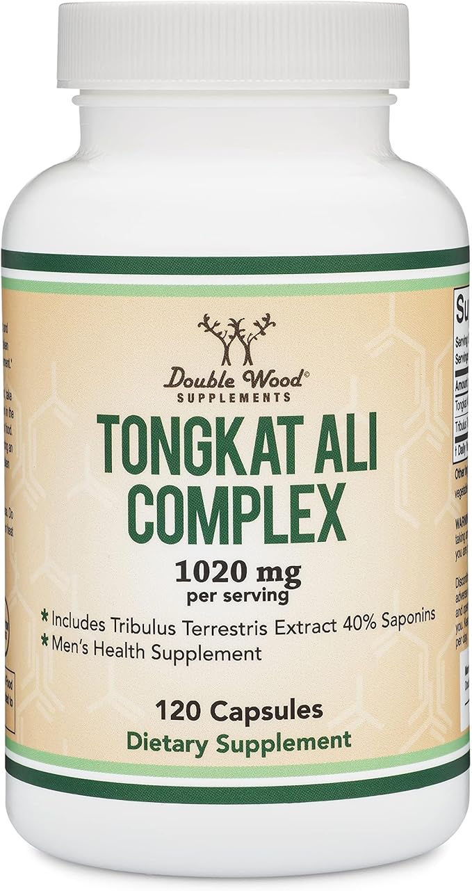 Tongkat Ali Extract 200 to 1 for Men (Longjack) Eurycoma Longifolia, 1020mg per Serving, 120 Capsules - Men's Health Support with 20mg Tribulus Terrestris (Third Party Tested) by Double Wood