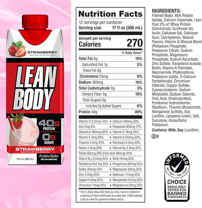 Labrada Lean Body Ready-to-Drink Strawberry Protein Shake, 40g Protein, Whey Blend, 0 Sugar, Gluten Free, 22 Vitamins & Minerals, 17 Ounce (Recyclable Carton & Lid - Pack of 12) LABRADA