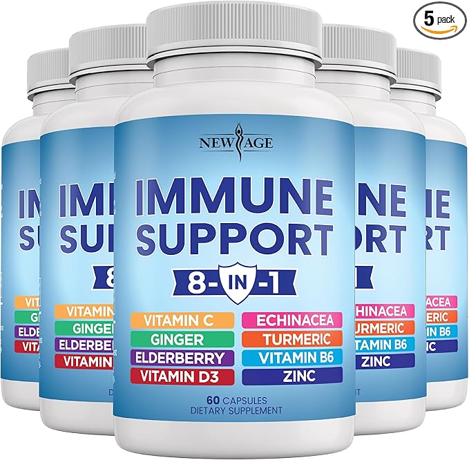 NEW AGE 8 in 1 Immune Support Booster Supplement with Echinacea, Vitamin C and Zinc 50mg, Vitamin D 5000 IU, Turmeric Curcumin & Ginger, B6, Elderberry (8 in 1 Capsules (Pack of 5))