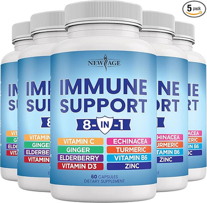 NEW AGE 8 in 1 Immune Support Booster Supplement with Echinacea, Vitamin C and Zinc 50mg, Vitamin D 5000 IU, Turmeric Curcumin & Ginger, B6, Elderberry (8 in 1 Capsules (Pack of 5))