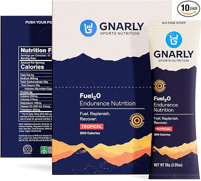 Gnarly Nutrition Fuel2O Electrolyte Powder Packs - Fuel 2O Endurance Nutrition, Electrolyte Solution, Fuel, Replenishment, and Recovery - Tropical, 10-Pack
