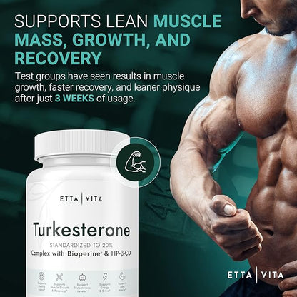 Potent Turkesterone Supplement, 2X Pure (Made in USA - 3rd Party Tested) Most Bioavailable and Natural Test Support Supplement, Supports Energy, Lean Muscle Growth, Recovery and Stamina, Vegan (60ct)