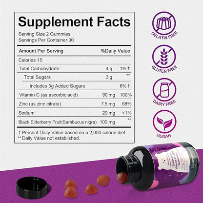 Herman Organic Elderberry Gummies for Kids and Adults,with Vitamin C, Zinc and Sodium, 3-in-1 Daily Immune Support Supplement,Gluten Free, Vegetarian(60 Gummies)