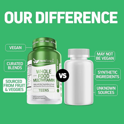 Herbtonics Whole Food Multivitamin for Teens | Essential Vitamins and Minerals Supplement for Teenage Boys & Girls | 62 Plant-Based Superfoods, Raw Veggies & Fruit Complex | Non-GMO Vegan 60 Capsules