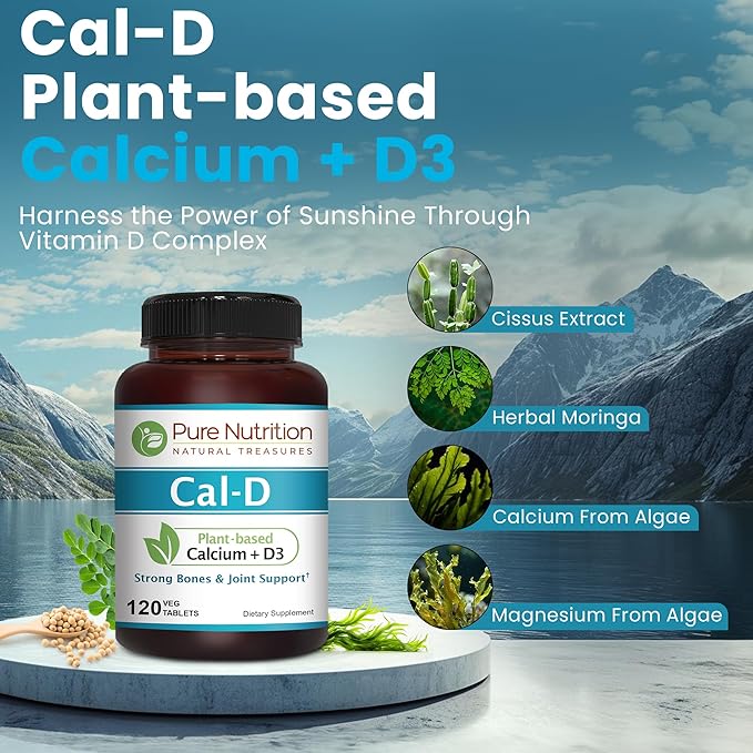 Pure Nutrition Cal D - Plant Based Calcium with Vitamin D3 K2 and Magnesium. Vegan Calcium Supplement with 500mg Elemental Calcium per Serving. Algae Calcium Supplement for Bone Health | 120 Tabs