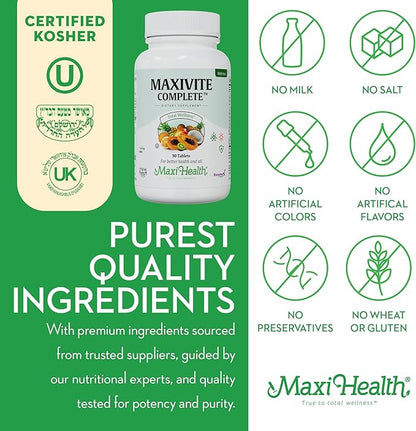 Maxi Health Complete Once Daily Vitamins for Men & Women - Multivitamin for Women & Men with Iron Vitamin A B1 B2 B3 B6 B12 C D3 E Zinc (90 Tablets)