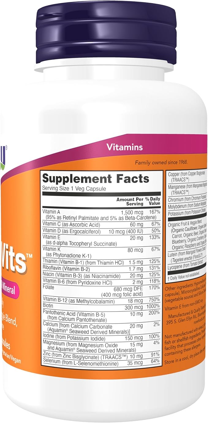 NOW Foods Supplements, Daily Vits™ with Fruit & Veggie Blend, Lutein and Lycopene, 120 Veg Capsules