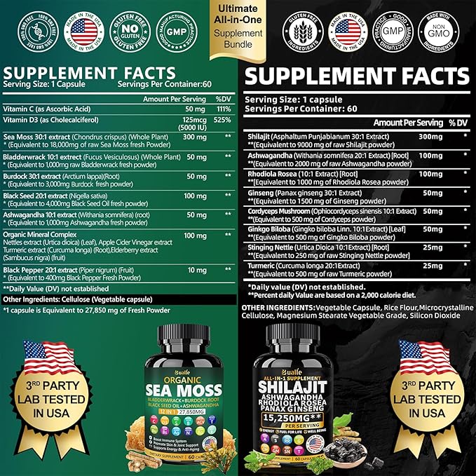 Sea Moss and Shilajit Bundle - 60 Count - Sea Moss 18000mg, Black Seed Oil 4000mg, Ashwagandha 1000mg, Ginger & Shilajit 9000mg, Rhodiola Rosea 1000mg, All in 1 Supplements (2 Pack)