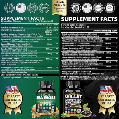 Sea Moss and Shilajit Bundle - 60 Count - Sea Moss 18000mg, Black Seed Oil 4000mg, Ashwagandha 1000mg, Ginger & Shilajit 9000mg, Rhodiola Rosea 1000mg, All in 1 Supplements (2 Pack)