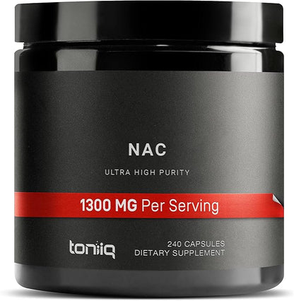 Toniiq 1300mg NAC - 4 Month Supply - Min. 98%+ Tested Purity - Ultra High Strength Bioavailable NAC Cysteine Supplement - 240 Vegetarian N Acetyl Cysteine Capsules -Lab Tested TQ