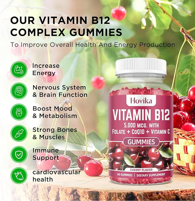 Vitamin B12 Complex 5000 mcg Methyl B12, Adenosyl B12 & Hydroxy B12, with Coenzyme Q10, Folate, Vitamin C, Chewable B 12 for Energy Support, Metabolism, Bone Health - Cherry Flavor, 2 Pack