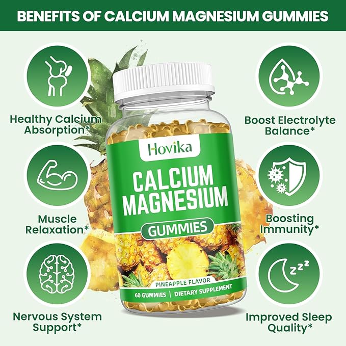 Calcium Magnesium Zinc Gummies with Vitamin D3, C, B6, K2, Potassium - Calcium for Kids & Adults - Magnesium Supplement Calm Gummies for Bone & Muscle & Immune Health, Pineapple Flavor - 60 Count
