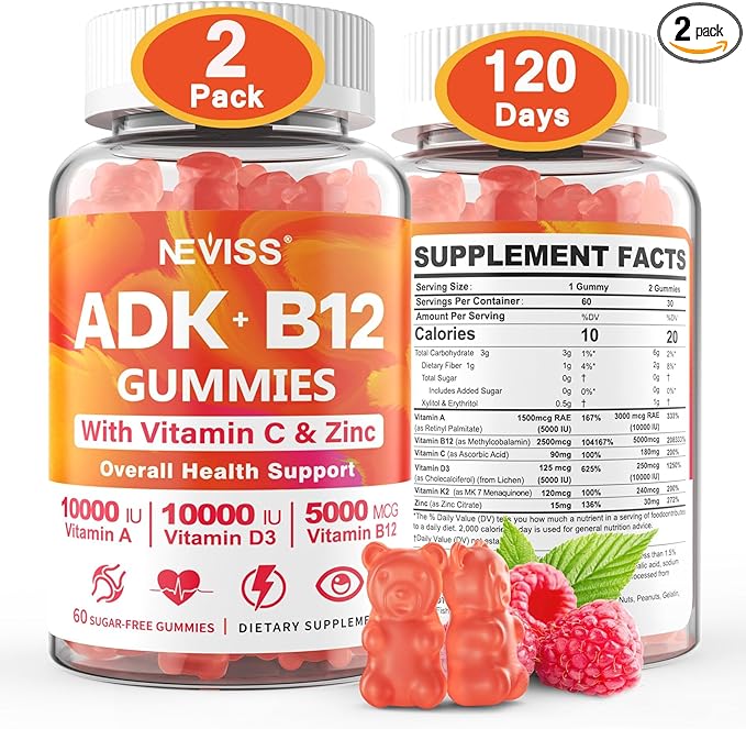 Sugar-Free ADK+Vitamin B12 Gummies - Vitamin D3 K2 10,000IU/ 5000IU, B12 5000mcg 2500mcg, K2 (MK-7) 240mcg, Multivitamin Adults-Vitamin A,Vegan Vitamin D,Methyl B12,C,Zinc-Eye,Bone,Energy,Nerve,Immune