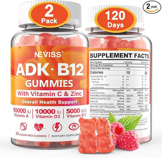 Sugar-Free ADK+Vitamin B12 Gummies - Vitamin D3 K2 10,000IU/ 5000IU, B12 5000mcg 2500mcg, K2 (MK-7) 240mcg, Multivitamin Adults-Vitamin A,Vegan Vitamin D,Methyl B12,C,Zinc-Eye,Bone,Energy,Nerve,Immune