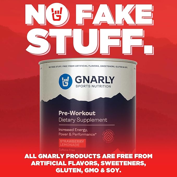Gnarly Nutrition Natural Pre-Workout Powder - Caffeine Free Pre Workout, NSF Contents Certified, Endurance & Recovery, Sports Nutrition Wellness, -Strawberry Lemonade, 14.82oz