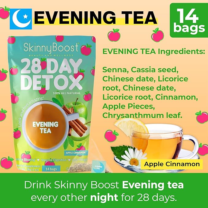 SkinnyBoost 28 Day Detox Tea Kit-1 Daytime Hibiscus (28 Bags) 1 Evening Apple Cinnamon(14 Bags) Non GMO, Vegan, All Natural, Green Tea and Herbal Teas for Natural Detox and Cleanse, Reduce Bloating